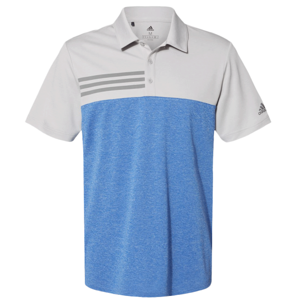 Adidas Men's Heathered Colorblocked 3-Stripes Polo, Grey Two Heather / Collegiate Royal Heather, Front view