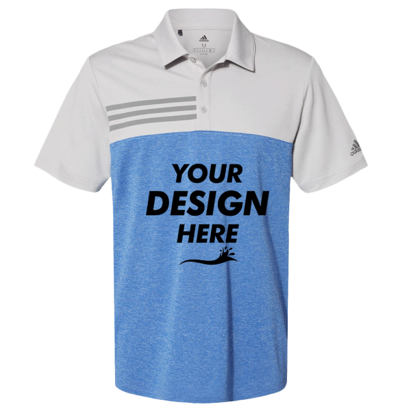 Adidas Men's Heathered Colorblocked 3-Stripes Polo, Grey Two Heather / Collegiate Royal Heather, Front view, Mockup