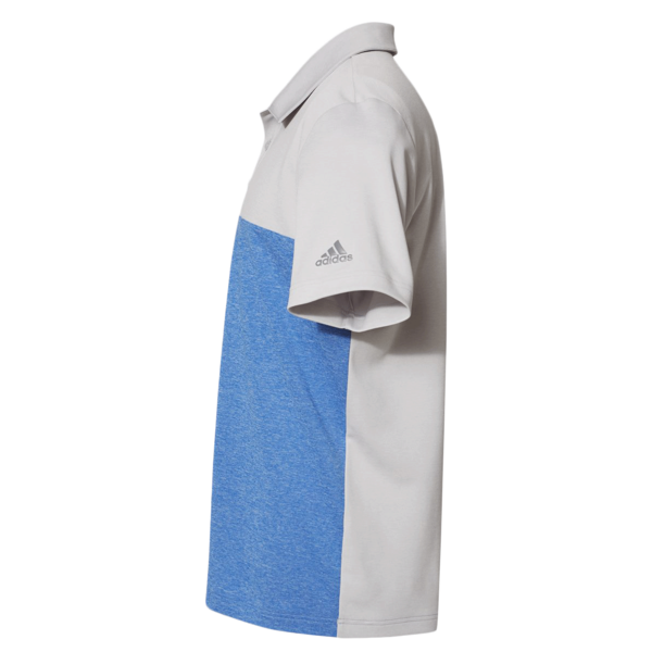 Adidas Men's Heathered Colorblocked 3-Stripes Polo, Grey Two Heather / Collegiate Royal Heather, Left Sleeve view