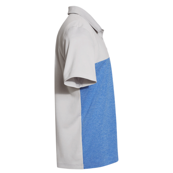 Adidas Men's Heathered Colorblocked 3-Stripes Polo, Grey Two Heather / Collegiate Royal Heather, Right Sleeve view
