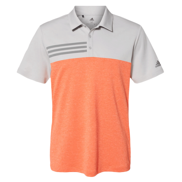 Adidas Men's Heathered Colorblocked 3-Stripes Polo, Grey Two Heather / Hi-Res Coral Heather, Front view