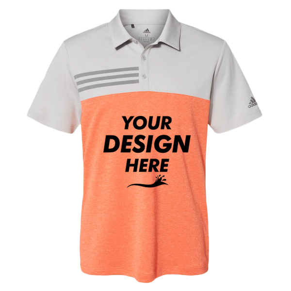 Adidas Men's Heathered Colorblocked 3-Stripes Polo, Grey Two Heather / Hi-Res Coral Heather, Front view, Mockup