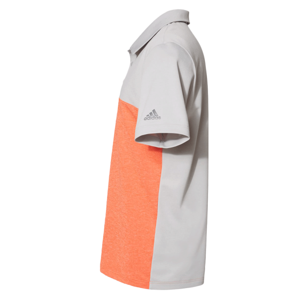 Adidas Men's Heathered Colorblocked 3-Stripes Polo, Grey Two Heather / Hi-Res Coral Heather, Left Sleeve view