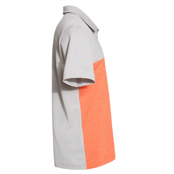 Adidas Men's Heathered Colorblocked 3-Stripes Polo, Grey Two Heather / Hi-Res Coral Heather, Right Sleeve view