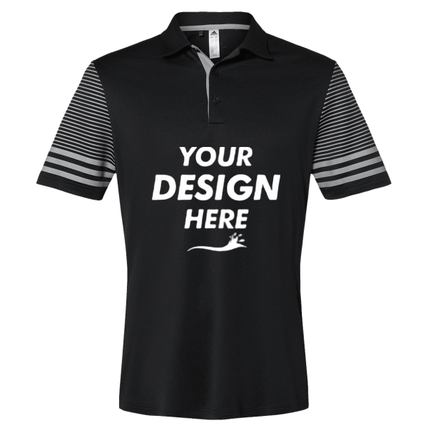 Adidas Men's Striped Sleeve Polo, Black / Grey Three, Front view, Mockup