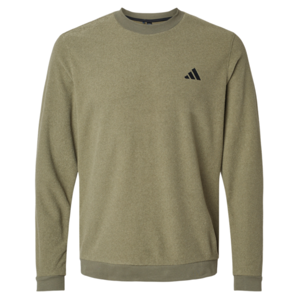 Adidas Men's Terry Loop Crewneck Sweatshirt, Olive Strata, Front view