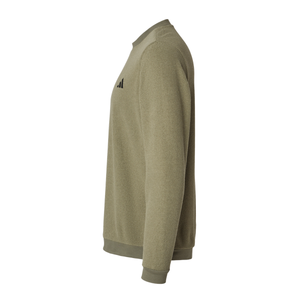 Adidas Men's Terry Loop Crewneck Sweatshirt, Olive Strata, Left Sleeve view