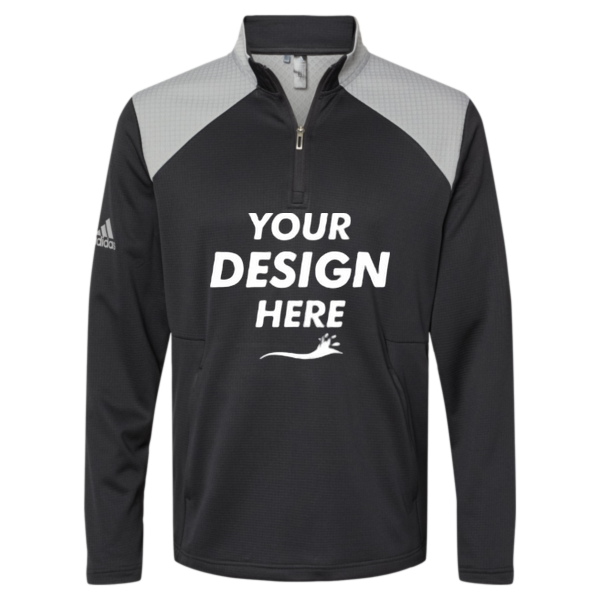 Adidas Men's Textured Mixed Media Quarter-Zip Pullover, Black / Grey Three, Front view, Mockup