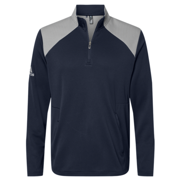 Adidas Men's Textured Mixed Media Quarter-Zip Pullover, Collegiate Navy / Grey Three, Front view