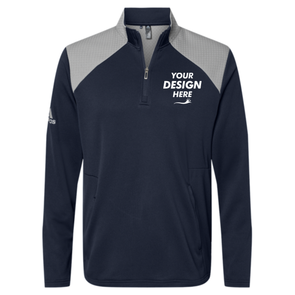 Adidas Men's Textured Mixed Media Quarter-Zip Pullover, Collegiate Navy / Grey Three, Front view, Mockup