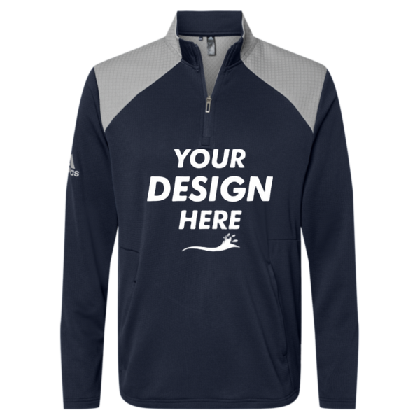 Adidas Men's Textured Mixed Media Quarter-Zip Pullover, Collegiate Navy / Grey Three, Front view, Mockup
