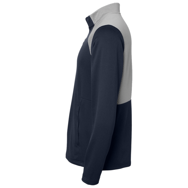 Adidas Men's Textured Mixed Media Quarter-Zip Pullover, Collegiate Navy / Grey Three, Left Sleeve view