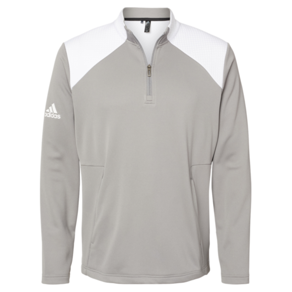 Adidas Men's Textured Mixed Media Quarter-Zip Pullover, Grey Three / White, Front view