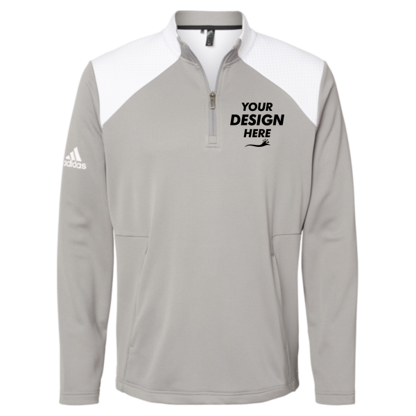 Adidas Men's Textured Mixed Media Quarter-Zip Pullover, Grey Three / White, Front view, Mockup