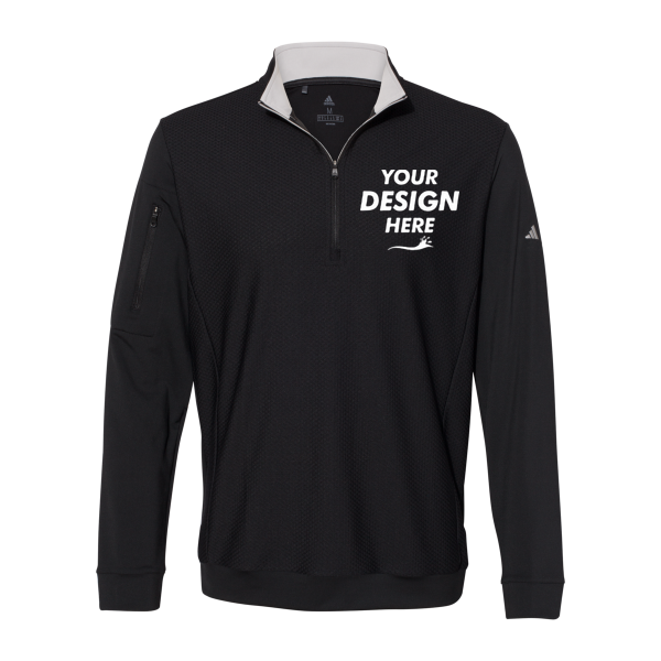 Adidas Men's Textured Quarter-Zip Pullover, Black, Front view, Mockup