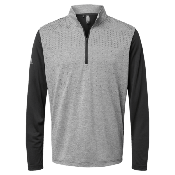 Adidas Men's Ultimate365 Heather Block Print Quarter-Zip Pullover, Black Melange / Black / Grey Three, Front view