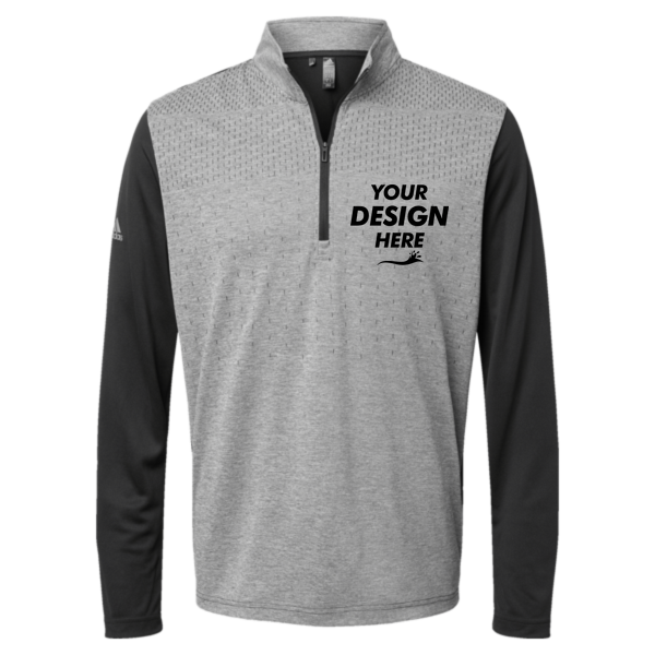 Adidas Men's Ultimate365 Heather Block Print Quarter-Zip Pullover, Black Melange / Black / Grey Three, Front view, Mockup