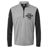 Adidas Men's Ultimate365 Heather Block Print Quarter-Zip Pullover, Black Melange / Black / Grey Three, Front view, Mockup
