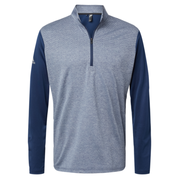 Adidas Men's Ultimate365 Heather Block Print Quarter-Zip Pullover, Collegiate Navy Melange / Navy / Grey Three, Front view