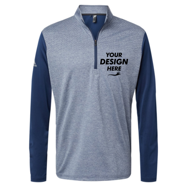 Adidas Men's Ultimate365 Heather Block Print Quarter-Zip Pullover, Collegiate Navy Melange / Navy / Grey Three, Front view, Mockup