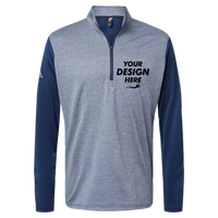 Adidas Men's Ultimate365 Heather Block Print Quarter-Zip Pullover, Collegiate Navy Melange / Navy / Grey Three, Front view, Mockup