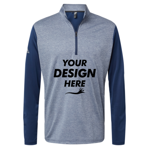 Adidas Men's Ultimate365 Heather Block Print Quarter-Zip Pullover, Collegiate Navy Melange / Navy / Grey Three, Front view, Mockup