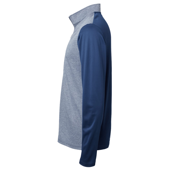 Adidas Men's Ultimate365 Heather Block Print Quarter-Zip Pullover, Collegiate Navy Melange / Navy / Grey Three, Left Sleeve view