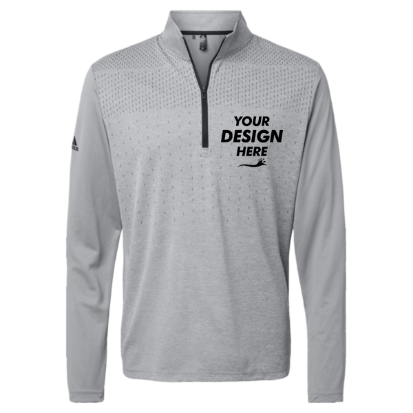 Adidas Men's Ultimate365 Heather Block Print Quarter-Zip Pullover, Grey Three Melange / Grey Three / Black, Front view, Mockup