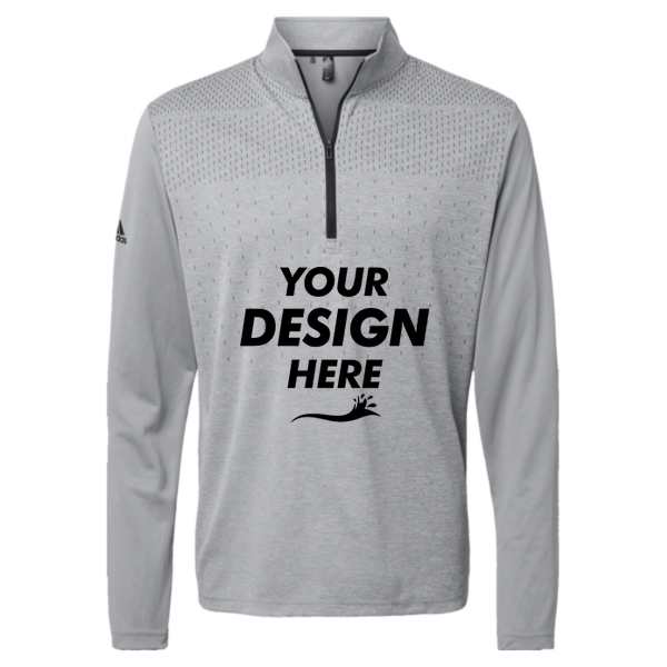Adidas Men's Ultimate365 Heather Block Print Quarter-Zip Pullover, Grey Three Melange / Grey Three / Black, Front view, Mockup