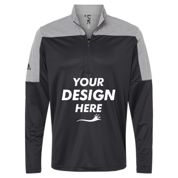 Adidas Men's Ultimate365 Lightweight Colorblocked Quarter-Zip Pullover, Black / Grey Three Melange, Front view, Mockup