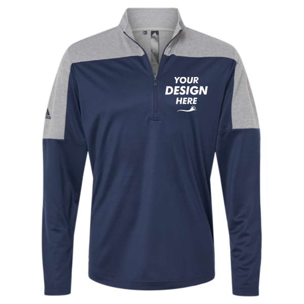 Adidas Men's Ultimate365 Lightweight Colorblocked Quarter-Zip Pullover, Collegiate Navy / Grey Three Melange, Front view, Mockup
