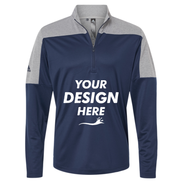 Adidas Men's Ultimate365 Lightweight Colorblocked Quarter-Zip Pullover, Collegiate Navy / Grey Three Melange, Front view, Mockup