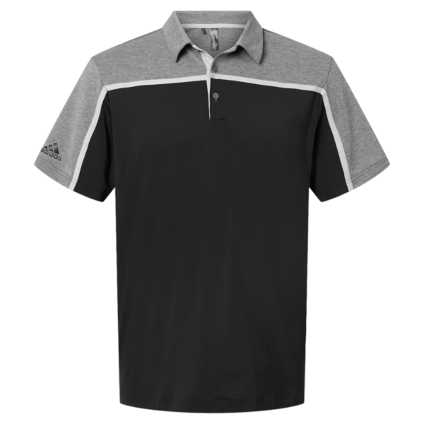 Adidas Men's Ultimate Colorblocked Polo, Black / Grey Two / Grey Five Melange, Front view
