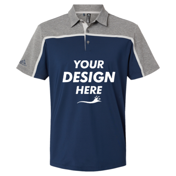 Adidas Men's Ultimate Colorblocked Polo, Collegiate Navy / Grey Two / Grey Five Melange, Front view, Mockup