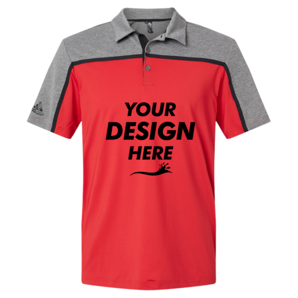 Adidas Men's Ultimate Colorblocked Polo, Collegiate Red / Black / Grey Five Melange, Front view, Mockup
