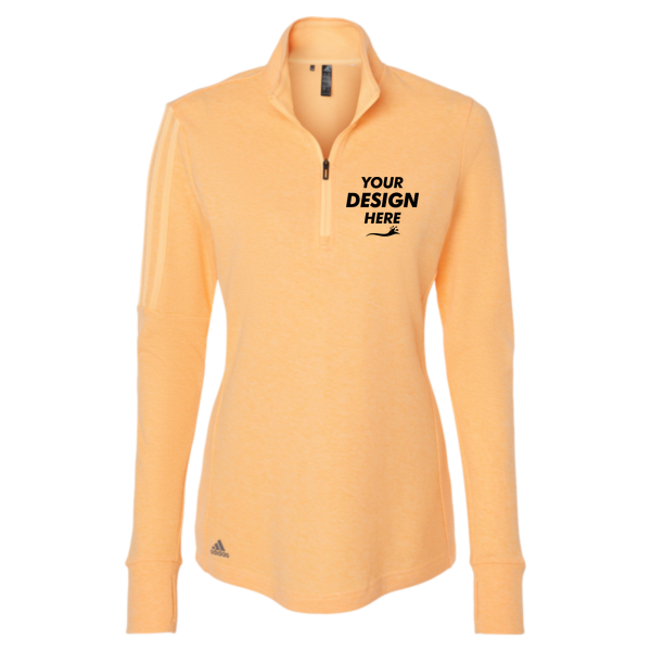 Adidas Women's 3-Stripes Quarter-Zip Sweater Pullover, Acid Orange Melange, Front view, Mockup