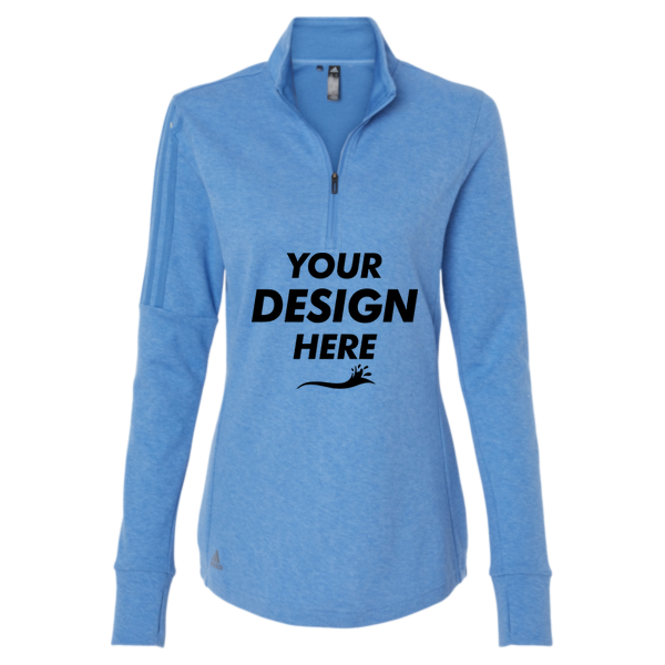Adidas Women's 3-Stripes Quarter-Zip Sweater Pullover, Focus Blue Melange, Front view, Mockup