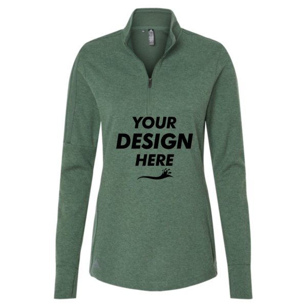 Adidas Women's 3-Stripes Quarter-Zip Sweater Pullover, Green Oxide Melange, Front view, Mockup
