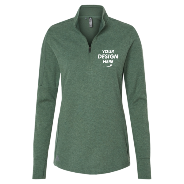 Adidas Women's 3-Stripes Quarter-Zip Sweater Pullover, Green Oxide Melange, Front view, Mockup