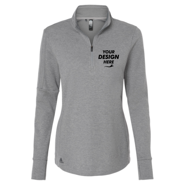 Adidas Women's 3-Stripes Quarter-Zip Sweater Pullover, Grey Three Melange, Front view, Mockup