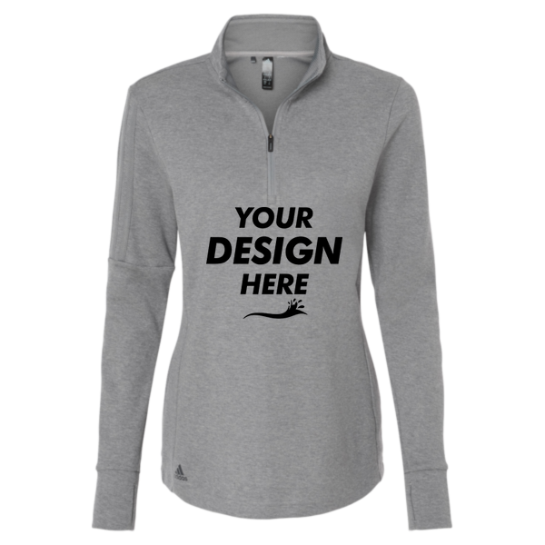 Adidas Women's 3-Stripes Quarter-Zip Sweater Pullover, Grey Three Melange, Front view, Mockup