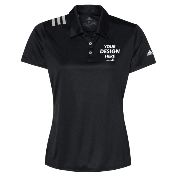 Adidas Women's 3-Stripes Shoulder Polo, Black / White, Front view, Mockup