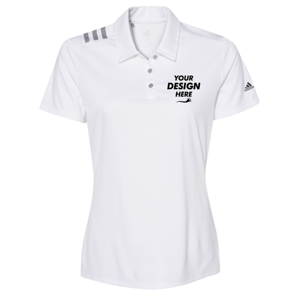 Adidas Women's 3-Stripes Shoulder Polo, White / Black, Front view, Mockup