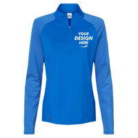 Adidas Women's Ultimate365 Lightweight Raglan Quarter-Zip Pullover, Glory Blue, Front view, Mockup