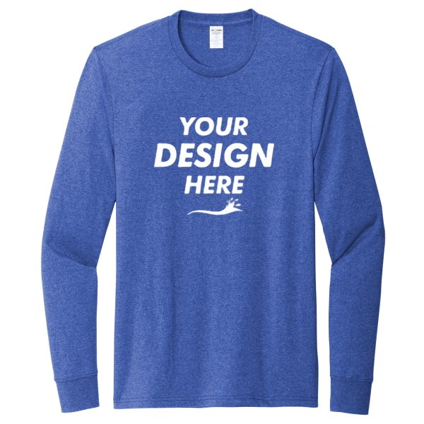 AllMade Unisex Long Sleeve Recycled Blend Tee, Reused Royal Heather, Front view, Mockup