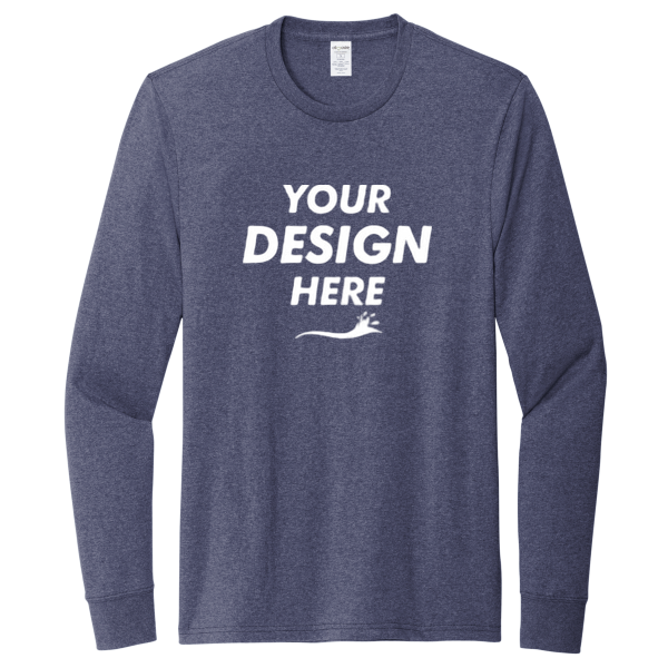 AllMade Unisex Long Sleeve Recycled Blend Tee, Salvaged Navy Heather, Front view, Mockup