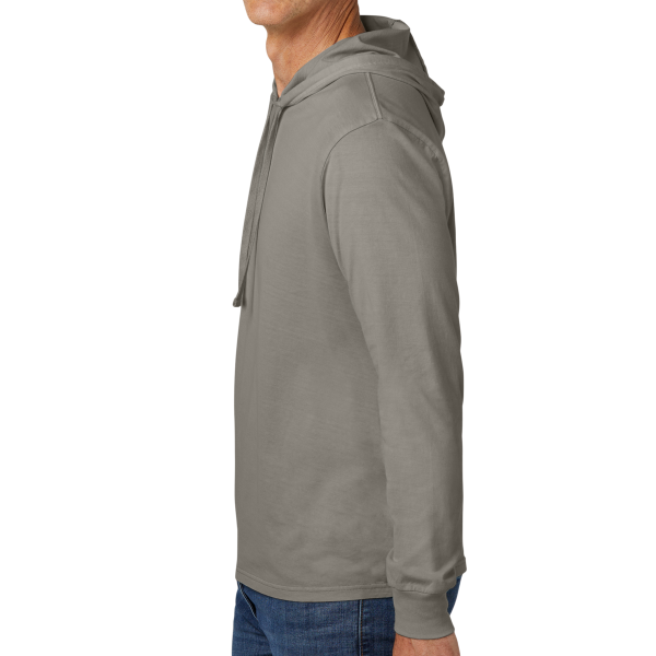 AllMade Unisex Mineral Dye Organic Cotton Hoodie Tee, Driftwood Grey, Left Sleeve view
