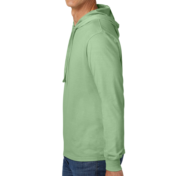 AllMade Unisex Mineral Dye Organic Cotton Hoodie Tee, Lichen Green, Left Sleeve view