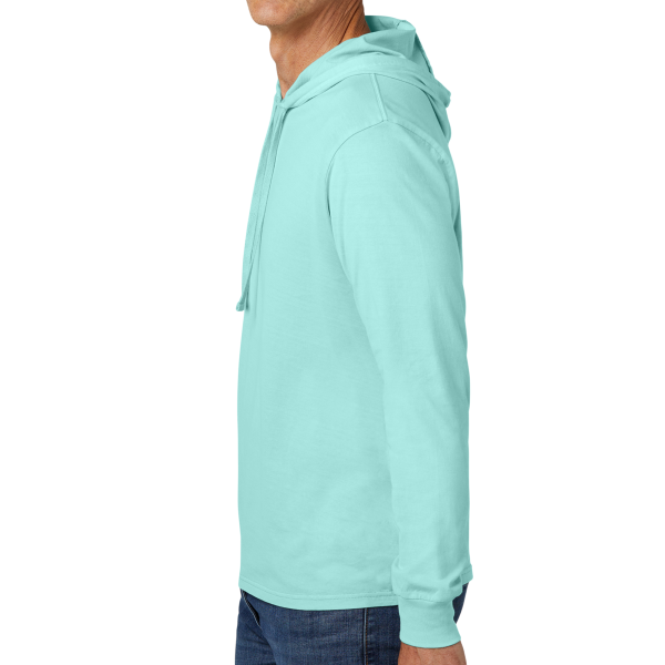 AllMade Unisex Mineral Dye Organic Cotton Hoodie Tee, Saltwater Blue, Left Sleeve view