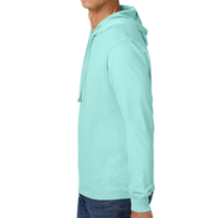 AllMade Unisex Mineral Dye Organic Cotton Hoodie Tee, Saltwater Blue, Left Sleeve view